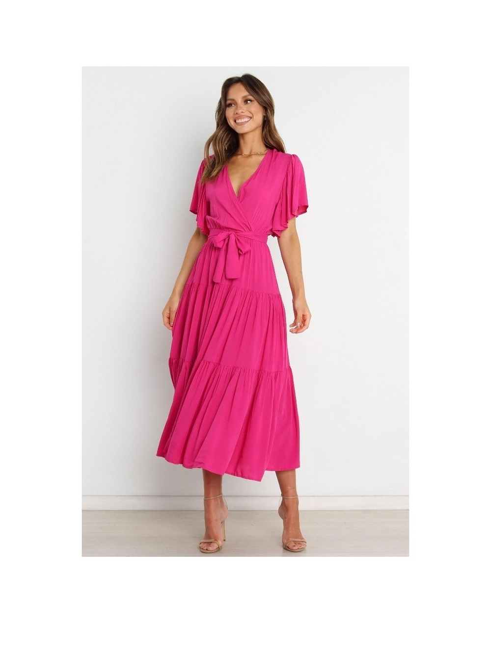 Petal & Pup Hot Pink Wrap Tiered Midi Dress